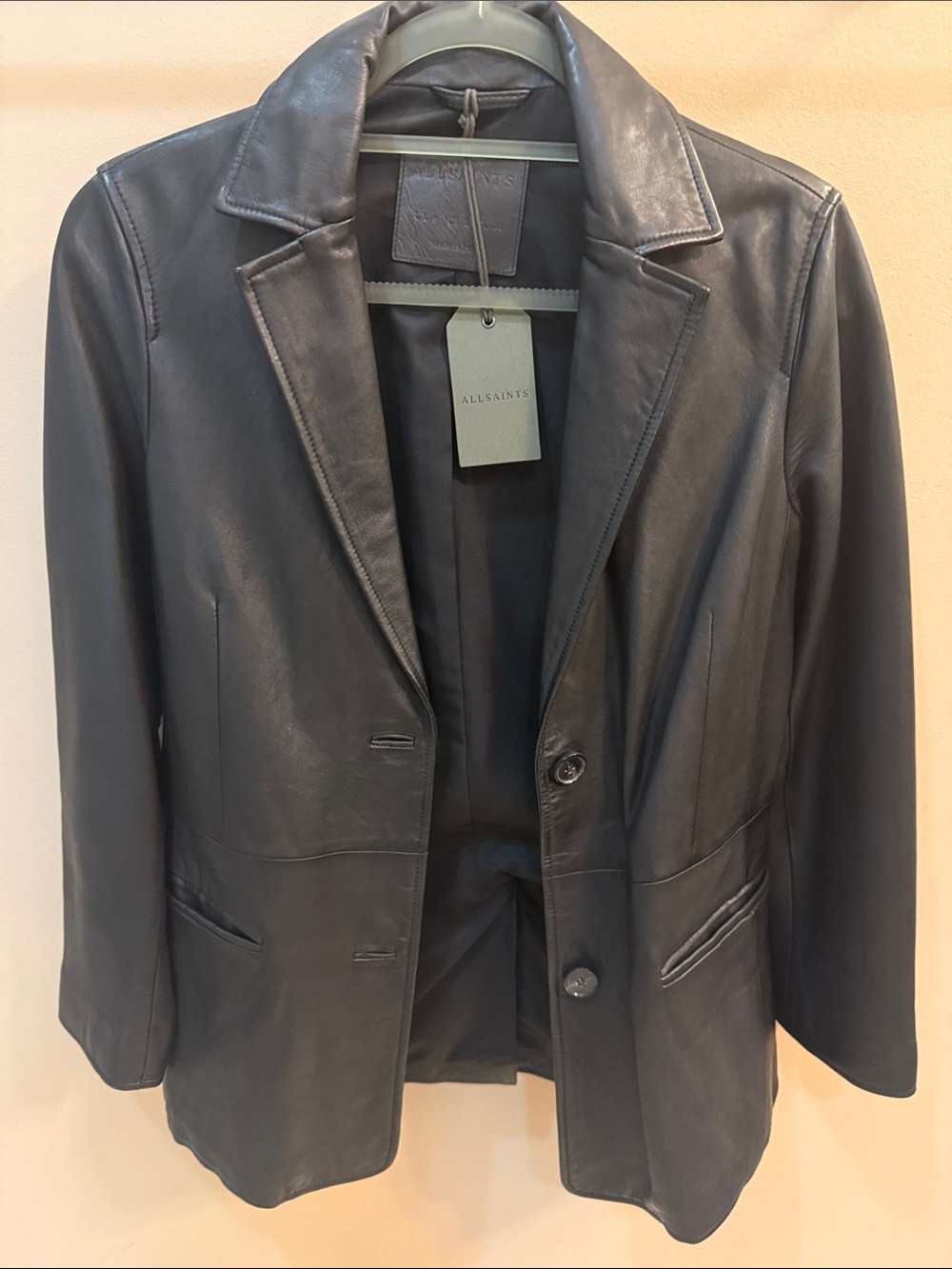 All Saints Black Leather Blazer Jacket - Timeless Tailored Lapel